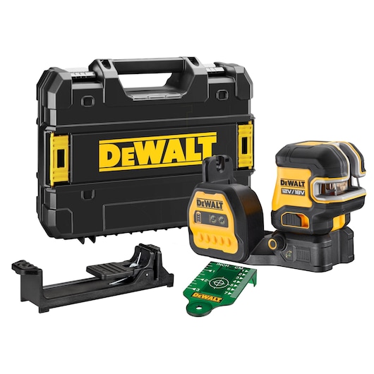 DEWALT laser level kit with case, laser tool, mount, and green target, shown on a white background.