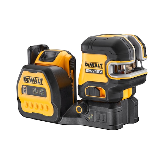 DEWALT 12V/18V green line laser tool and battery charger in black and yellow, placed side by side.