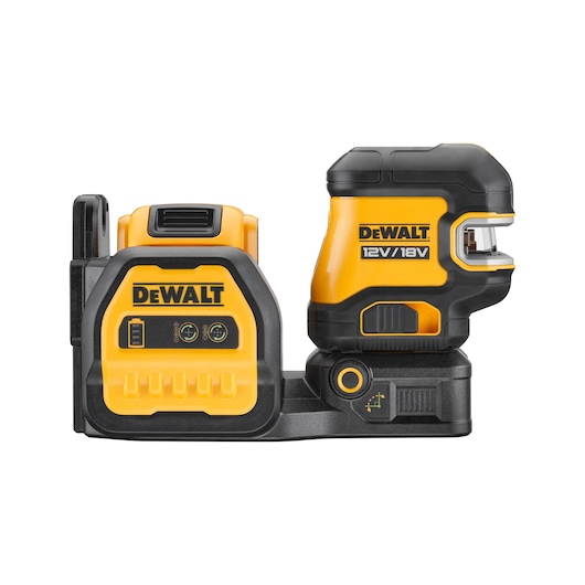 DEWALT 12V/18V yellow and black laser level tool with battery pack for construction or photography.