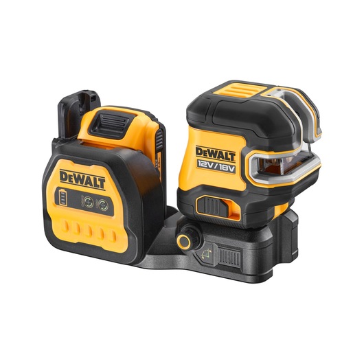 DEWALT laser level device with battery, yellow and black color, designed for precise measurements in photography.