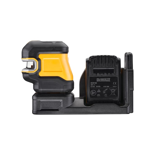 DEWALT yellow and black laser level device with attached battery and base, photographed on white background.