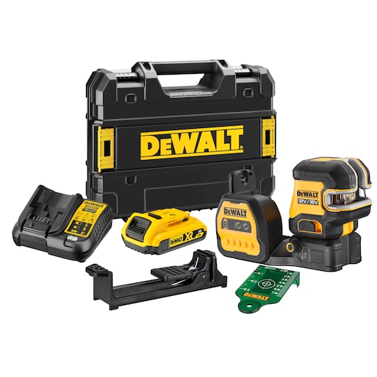 DEWALT photography kit with case, battery, charger, laser level, bracket, and target plate.