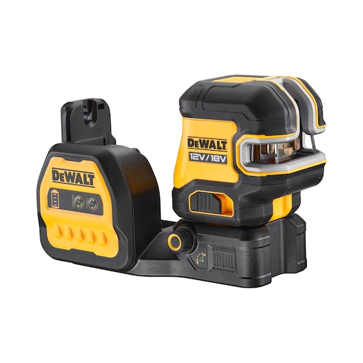 A DEWALT 12V/18V yellow and black laser level device, designed for precision alignment and leveling in construction, featuring multiple controls and indicator lights.