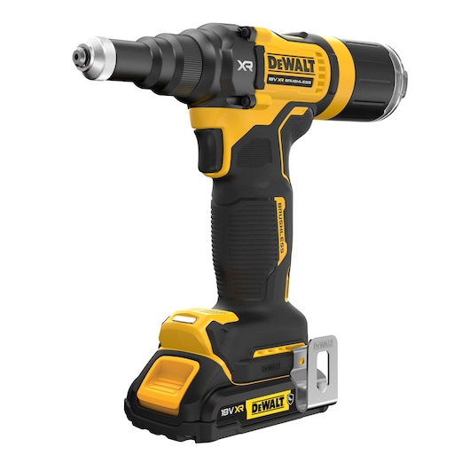 Cordless DEWALT electric screwdriver with 18V XR battery. Black and yellow, ergonomic grip, brushless motor.