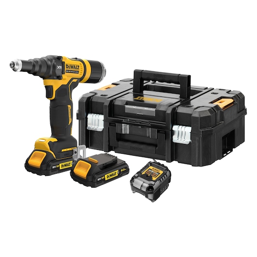 DEWALT cordless drill set with two batteries, charger, and black carrying case, all shown on a white background.