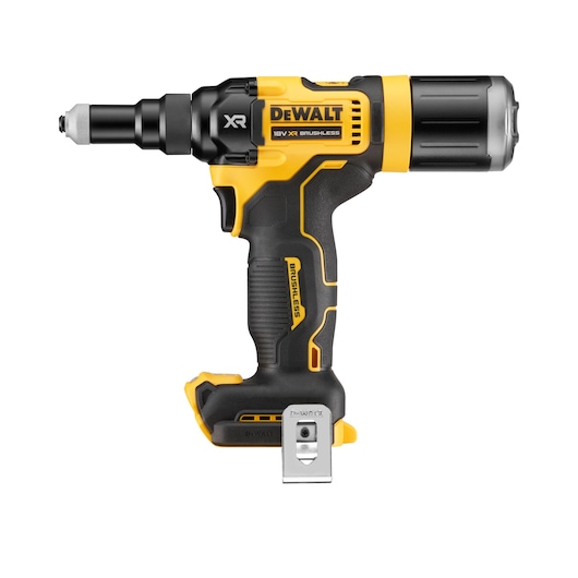 A DEWALT DCF403NT 18V XR cordless brushless power tool with a black and yellow body, shown in profile view. The tool has a metal belt hook and ergonomic grip.