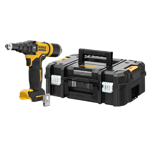 DEWALT cordless drill with black and yellow design, shown next to a black hard plastic carrying case with handle and metal clasps.