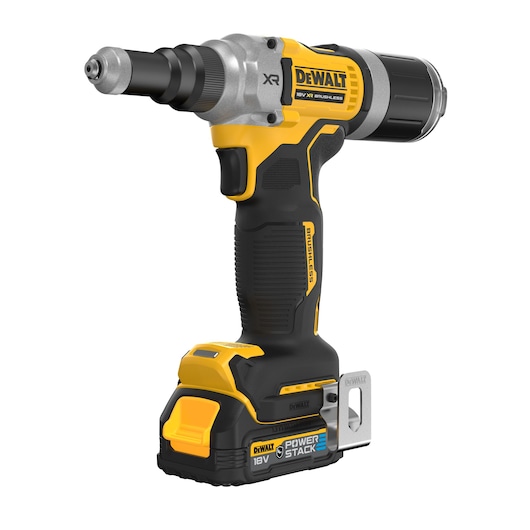 A DEWALT DCF414E2GT 18V XR Brushless Cordless Screwdriver with POWERSTACK battery, featuring a yellow and black ergonomic design and a metal belt clip.