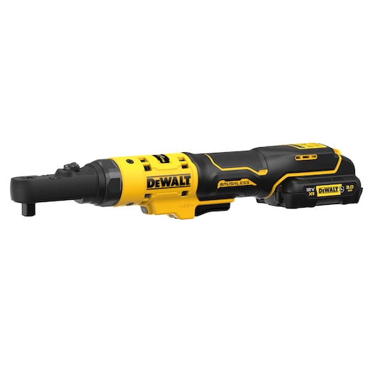 DEWALT cordless ratchet tool with brushless motor and 12V battery, shown on a white background.