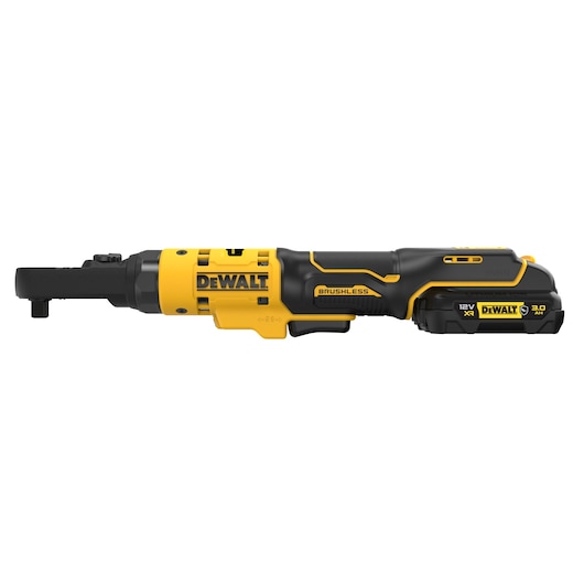 DEWALT cordless ratchet tool with brushless motor and 12V XR 3.0Ah battery, shown on a white background.