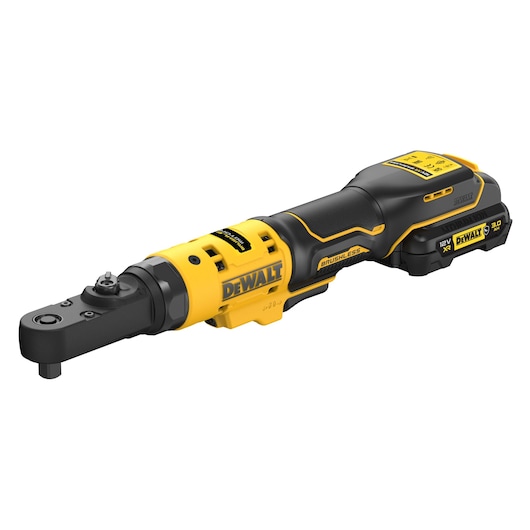 Cordless DEWALT ratchet tool with yellow and black design, shown with battery attached on a white background.