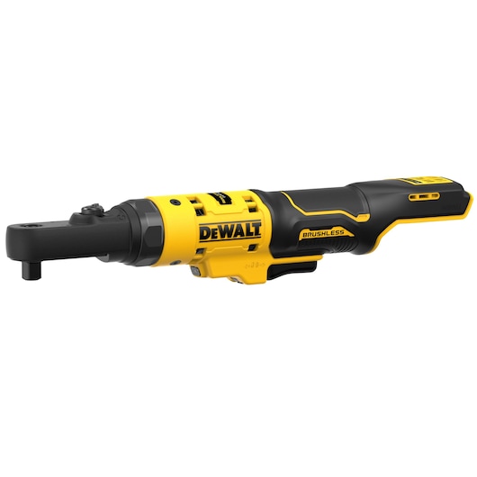 DEWALT DCF500N brushless cordless ratchet tool, black and yellow, side view on white background.