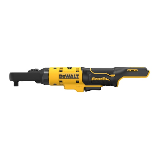 DEWALT cordless brushless ratchet tool, yellow and black, side view on white background.