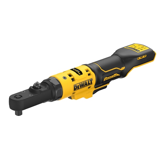 DEWALT DCF500N cordless ratchet tool, black and yellow, brushless design, shown on a white background.