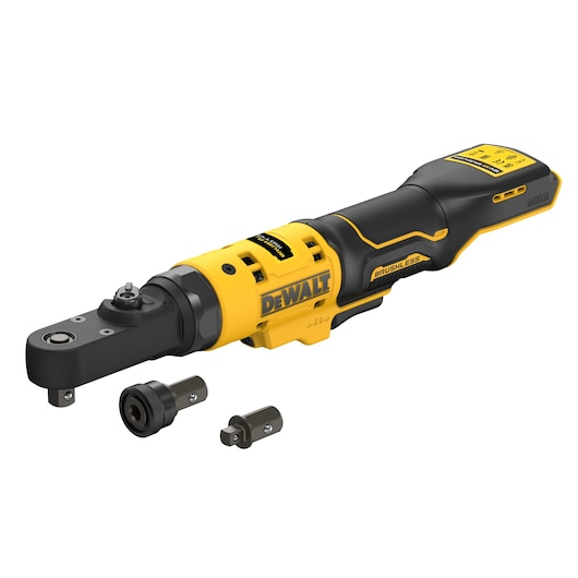 DEWALT brushless cordless ratchet tool with two socket adapters, displayed on a white background.