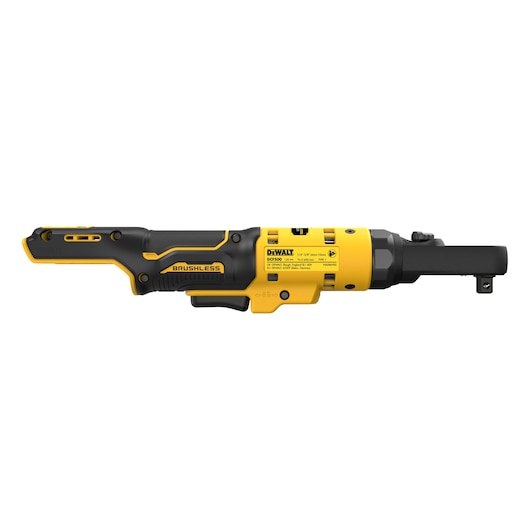 DEWALT DCF500N yellow and black cordless ratchet tool with brushless motor, side view on white background.