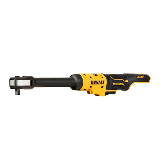 DEWALT cordless ratchet tool with a long handle and brushless motor, black and yellow body.
