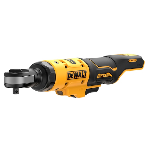 Cordless DEWALT ratchet tool with brushless motor, yellow and black, model DCF503N, side view.