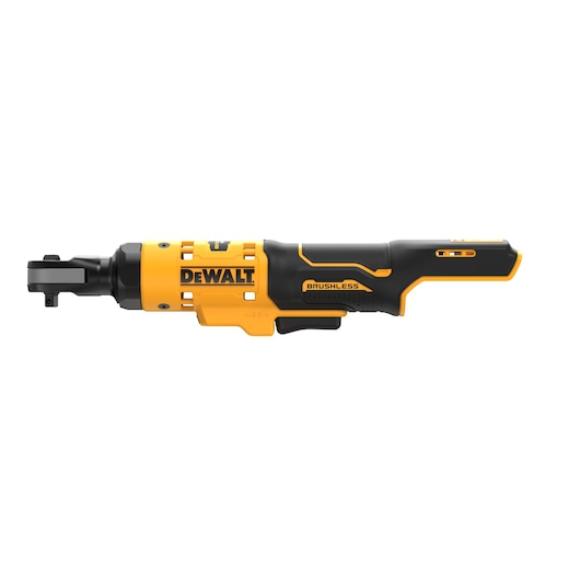 DEWALT brushless cordless ratchet tool, yellow and black, shown on a white background.