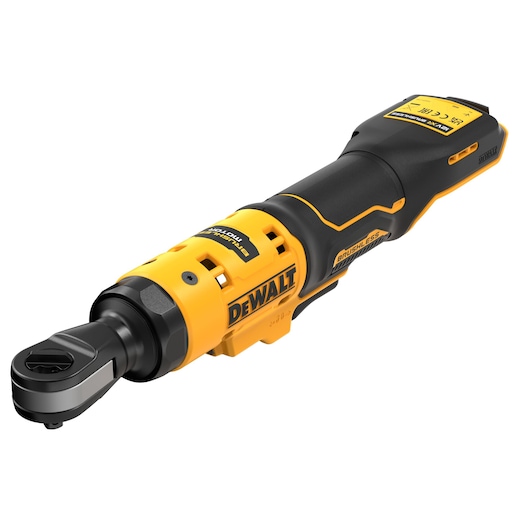 DEWALT cordless ratchet tool, black and yellow design, brushless motor, model DCF503N.