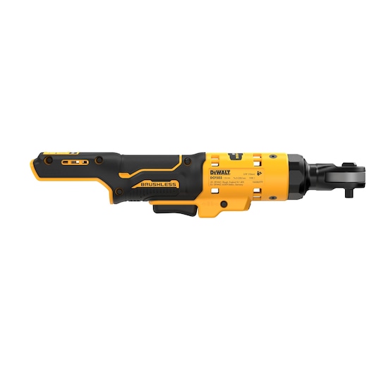 DEWALT DCF503N brushless cordless ratchet tool in yellow and black, designed for tightening and loosening fasteners.