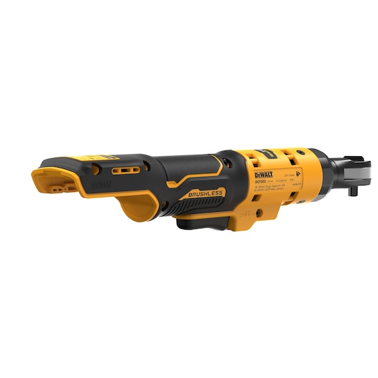 DEWALT cordless brushless ratchet tool in yellow and black, angled sideways against a white background.