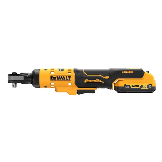 Side view of a DEWALT 12V cordless brushless ratchet tool with a black and yellow design, featuring the DEWALT logo and battery pack.