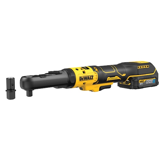 DEWALT 18V cordless ratchet tool with brushless motor and Powerstack battery, shown with socket adapter.