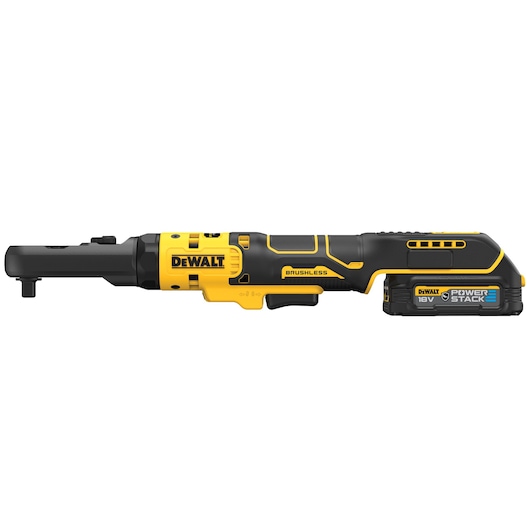 DEWALT 18V cordless ratchet tool with brushless motor and Powerstack battery, shown from the side.