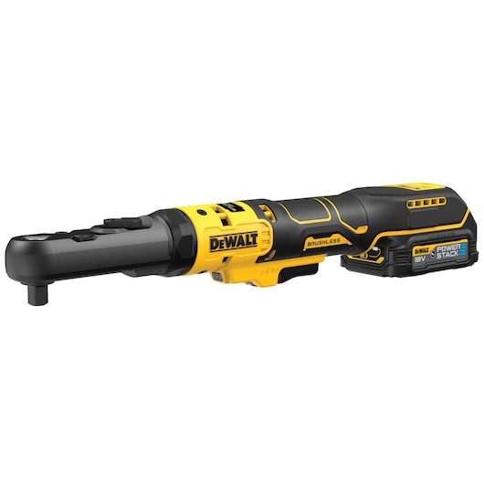 DEWALT 18V cordless ratchet tool with brushless motor and PowerStack battery, shown on a white background.