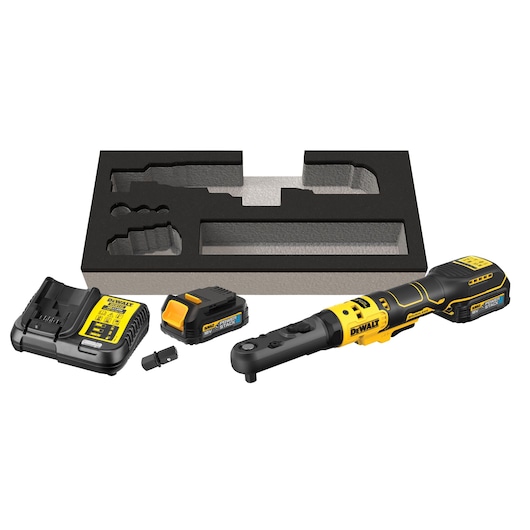 DEWALT cordless ratchet kit with charger, battery, adapter, and foam tray, shown on a white background.