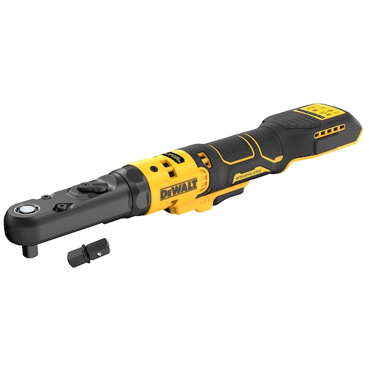 DEWALT cordless ratchet tool with black and yellow body and removable accessory shown beside it.