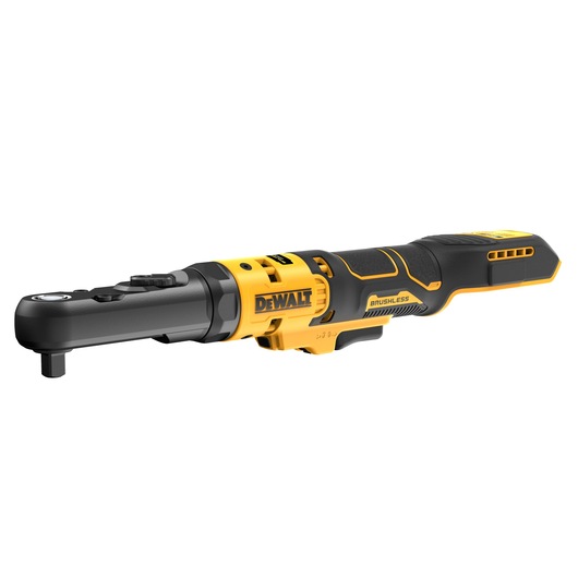 DEWALT cordless ratchet tool DCF510N, yellow and black, brushless design, shown from side.