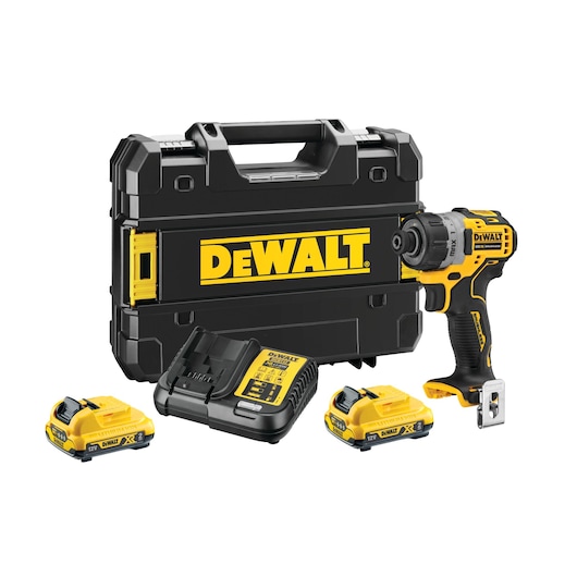 A DEWALT cordless power tool kit is shown, including a black and yellow DEWALT branded carrying case, a compact cordless screwdriver, two batteries, and a battery charger, all arranged on a white background.