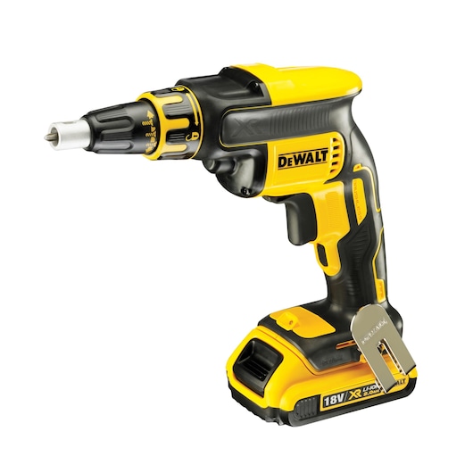 DEWALT cordless electric screwdriver in yellow and black, model DCF620D2, with 18V battery and ergonomic grip.
