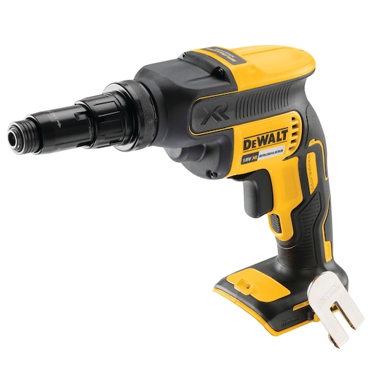 A DEWALT cordless screw gun, model DCF622N, featuring an ergonomic black and yellow design with a brushless motor. The tool is shown without a battery attached.