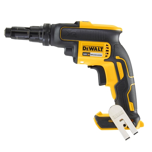 A DEWALT DCF622N 18V XR brushless drywall screw gun, shown in yellow and black with a metal belt clip attached to the base.