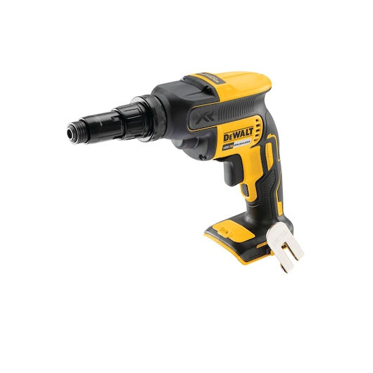 A DEWALT cordless screwdriver, model DCF622N, featuring a yellow and black design, with a metal belt clip attached and no battery installed, photographed against a white background.