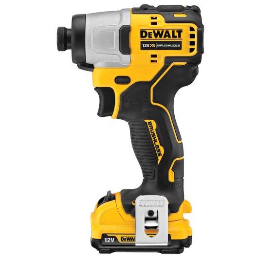 A DEWALT 12V XR Brushless cordless impact driver standing upright, showing the side view. The tool is yellow and black with a metallic front, featuring the DEWALT logo and brushless technology marking.