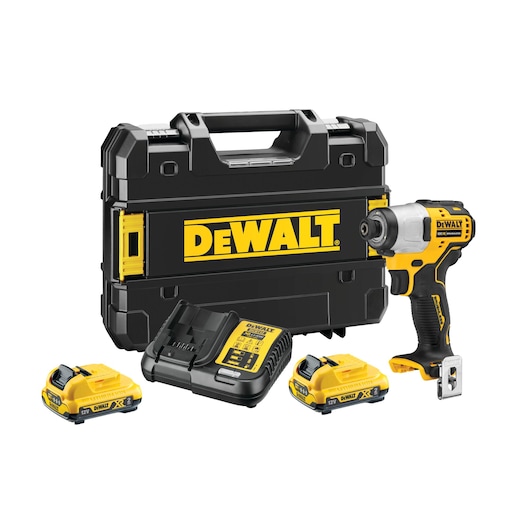 A DEWALT cordless impact driver kit is shown, including a black carrying case with the DEWALT logo, a yellow and black impact driver, two rechargeable batteries, and a battery charger.