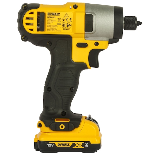 A DEWALT DCF815D2 12V cordless impact driver with a yellow and black design, featuring a rubberized grip, a metal front housing, and XR 2Ah battery, shown from the side.