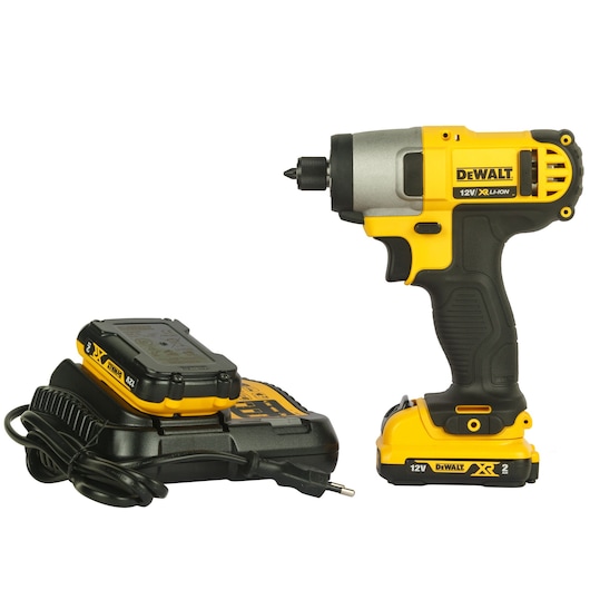 A DEWALT 12V XR Li-Ion cordless impact driver with battery and charger, shown in yellow and black colors.