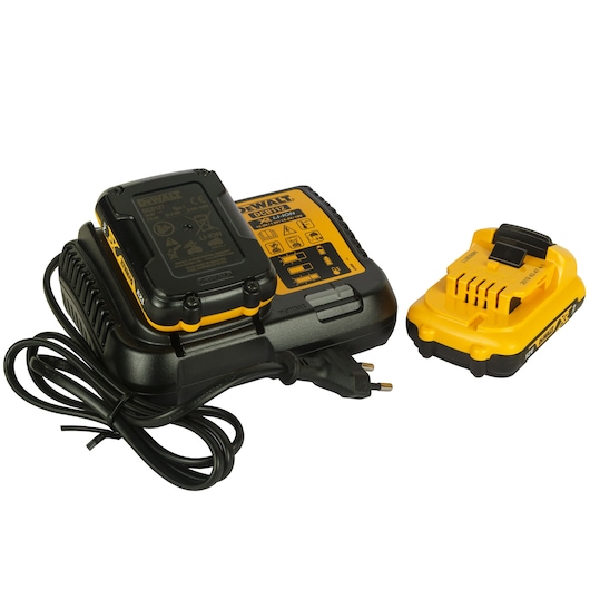 A DEWALT battery charger and battery pack, featuring a black and yellow design. The charger has a cable with a plug and a DEWALT label, and the battery pack is placed beside it.
