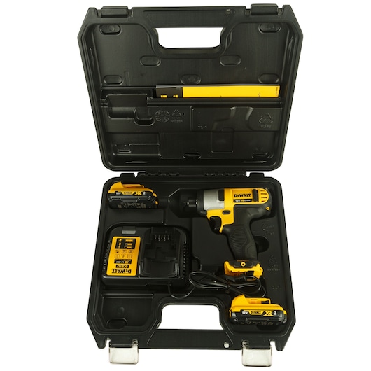 A DEWALT DCF815D2 cordless impact driver kit with a yellow and black impact driver, two batteries, a charger, and a black carrying case.