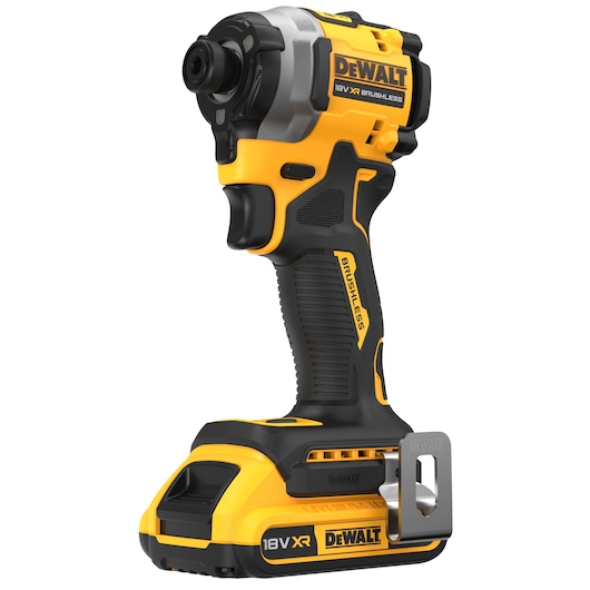 A DEWALT 18V XR Brushless cordless impact driver, featuring a black and yellow design, ergonomic grip, and a metal belt clip on the base.