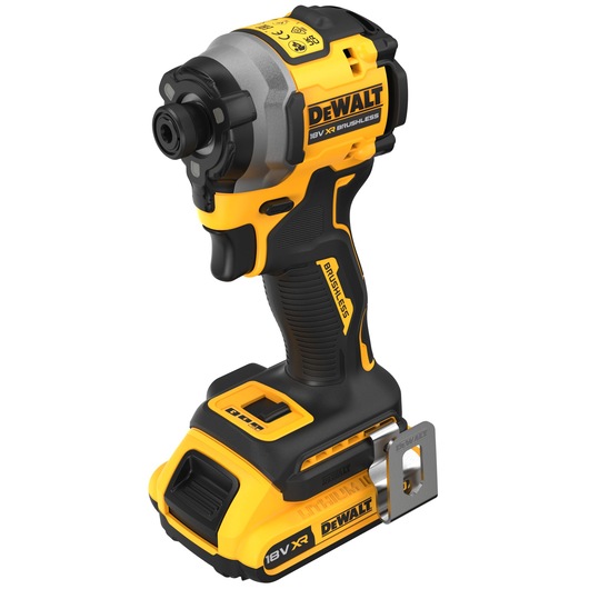 A DEWALT 18V XR brushless cordless impact driver tool, featuring a yellow and black design with a battery attached at the base and a metal belt clip on the side.