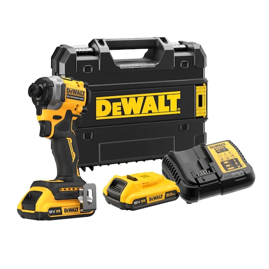 A DEWALT cordless impact driver kit with 18V battery, battery charger, and a carrying case. The kit is displayed with the impact driver, battery, charger, and black and yellow DEWALT-branded hard case.