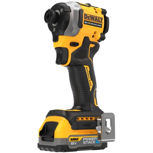 DEWALT 18V XR Brushless impact driver with POWERSTACK Lithium Ion battery, shown in yellow and black with a compact design and belt clip.