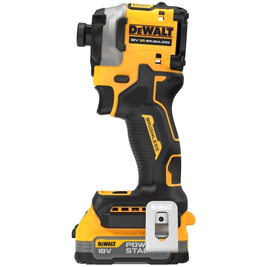 A DEWALT 18V XR Brushless cordless impact driver, model DCF850E1T, featuring a compact design with a black and yellow color scheme, and a lithium-ion POWERSTACK battery attached at the base.