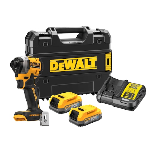DEWALT tool kit with impact driver, charger, two batteries, belt clip, and hard case, all in black and yellow.